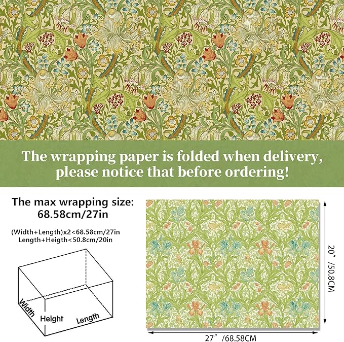 12 Sheets William Morris Wrapping Paper Set William Morris Gift Wrapping Paper 6 Design Green Vines and Flowers Pattern Paper for Flowers Themed Party Wedding Bridal Shower Baby Shower 20'' x 27''