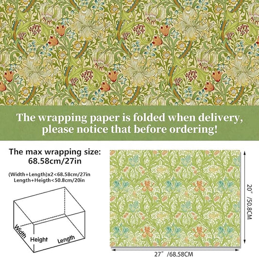 12 Sheets William Morris Wrapping Paper Set William Morris Gift Wrapping Paper 6 Design Green Vines and Flowers Pattern Paper for Flowers Themed Party Wedding Bridal Shower Baby Shower 20'' x 27''