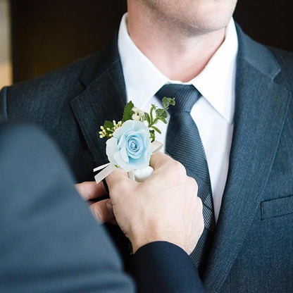 SITUMEIZI 2Pcs Blue Corsage and Boutonniere Set,Corsage Wristlet for Prom Decor,Boutonniere for Men Wedding Flowers Accessories Party Suit Decoration(Light Blue)