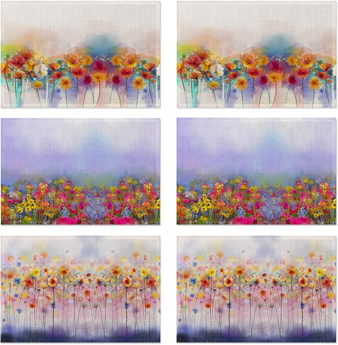 Spring Weeds Placemats Set of 6,Washable Heat Resistant 12×18 Inch Linen Table Mats Purple Nature Landscape Place Mats for Party Outdoor Dining Décor