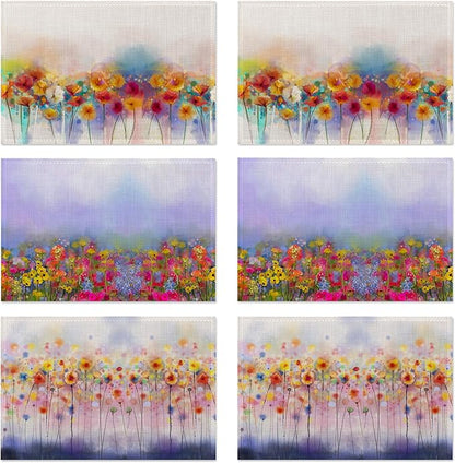 Spring Weeds Placemats Set of 6,Washable Heat Resistant 12×18 Inch Linen Table Mats Purple Nature Landscape Place Mats for Party Outdoor Dining Décor