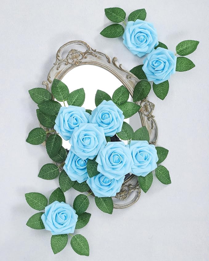DuHouse 25Pcs Artificial Roses Flowers Fake Rose with Stems Real Touch Foam Flowers for DIY Wedding Bouquet Baby Shower Centerpiece Floral Arrangement Party Home Decor (Sky Blue)