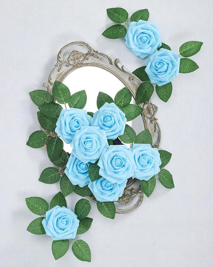 DuHouse 25Pcs Artificial Roses Flowers Fake Rose with Stems Real Touch Foam Flowers for DIY Wedding Bouquet Baby Shower Centerpiece Floral Arrangement Party Home Decor (Sky Blue)