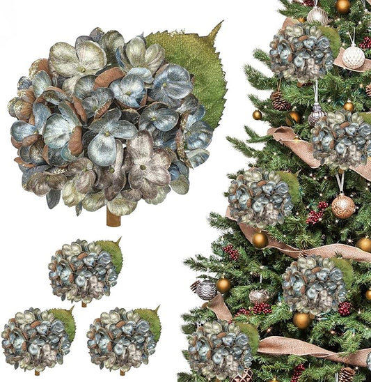 Hollyone Christmas Tree Ornaments 3Pcs Artificial Hydrangea Flowers with Clips Glitter Fake Hydrangea Flower for Christmas Tree Floral Vintage Faux Hydrangea for Wedding Party Xmas Blue