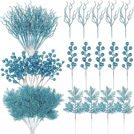 75 Pcs Christmas Glitter Branches 3 Styles Artificial Christmas Picks Berries Stems Pine Needles Floral Twig Spray for Xmas Tree Ornaments DIY Wreath Garland(Light Blue)