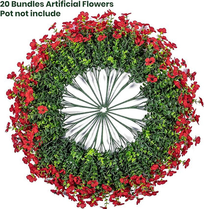 20 Bundles Artificial Flowers for Outdoor Fake Plants for Spring Decoration,Faux Eucalyptus Flowers for Planter UV Resistant Lifelike for Home Porch Garden（Red）