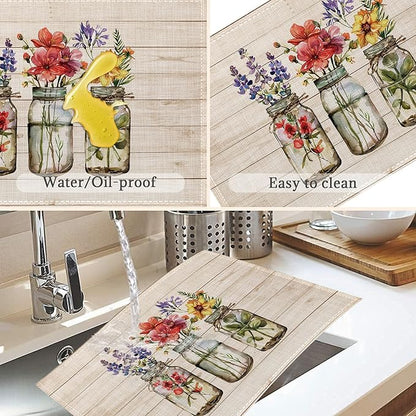 Flowers Placemats Set of 6,Washable Heat Resistant 12×18 Inch Linen Table Mats Fall Floral Place Mats for Party Outdoor Dining Decor