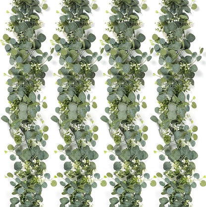 SOMYTING Artificial Eucalyptus Garland with White Flowers 4 Packs 5.9Ft Silver Dollar Eucalyptus Vine Faux Leaves Vine Greenery Garland for Table Wedding Arch Mantle Room Decor (4PCS)