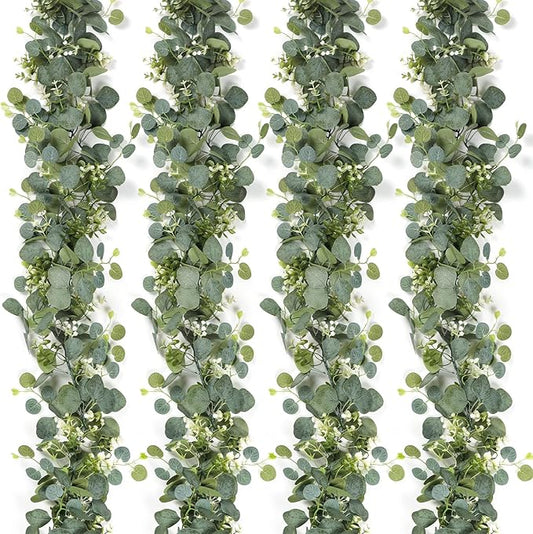 SOMYTING Artificial Eucalyptus Garland with White Flowers 4 Packs 5.9Ft Silver Dollar Eucalyptus Vine Faux Leaves Vine Greenery Garland for Table Wedding Arch Mantle Room Decor (4PCS)