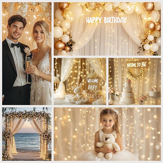 Tulle Curtain Backdrop with 300 LED Fairy Lights for Parites Wrinkle-Free Sheer Curtain Drapes Photo Back Drop for Wedding Baby Shower Bridal Shower Birthday Home Décor - 10ft×10ft, Ivory