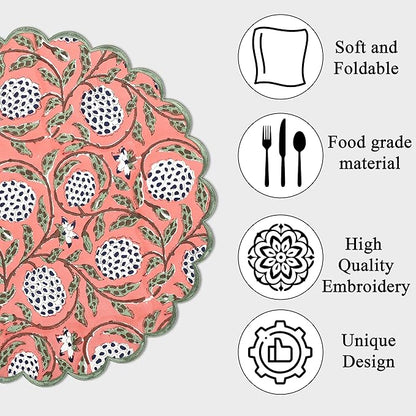 Ridhi Dark Salmon Bo-ho Round Place Mat Double Layer Floral Cotton Washable Placemats 15" Round Embroidery Block Print Table Mat (Pack of 4-15 Inch Round)