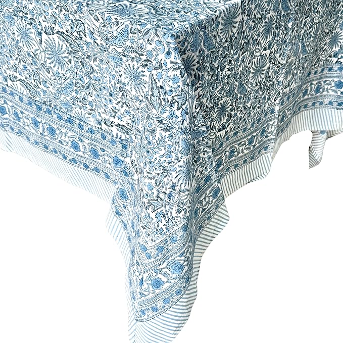 ATOSII Butterfly Blue 100% Cotton Rectangle Summer Tablecloth, Handblock Floral Print Linen Table Cloth for Kitchen Dining I Parties, Weddings, Outdoors, Decor 60 X 90 Inches, 6 Seater