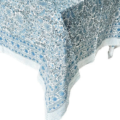 ATOSII Butterfly Blue 100% Cotton Rectangle Boho Fall Tablecloth, Handblock Floral Table Cloth Linen for Kitchen Dining I Parties Wedding Outdoors Christmas Thanksgiving I 72 X 140 Inches I 12 Seater