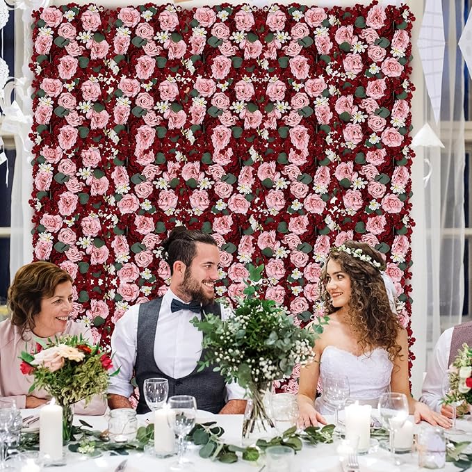 Pack of 12 Artificial Silk Flower Panels, Faux Floral Wall Background for Wedding Party Engagement Bridal Shower Arrangement Home Decorations - Burgundy & Dusty Pink
