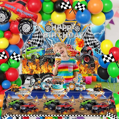 Monster Truck Birthday Party Decorations Men,Happy Birthday Banner,Balloon Arch Kit,Foil Balloons,Cake toppers
