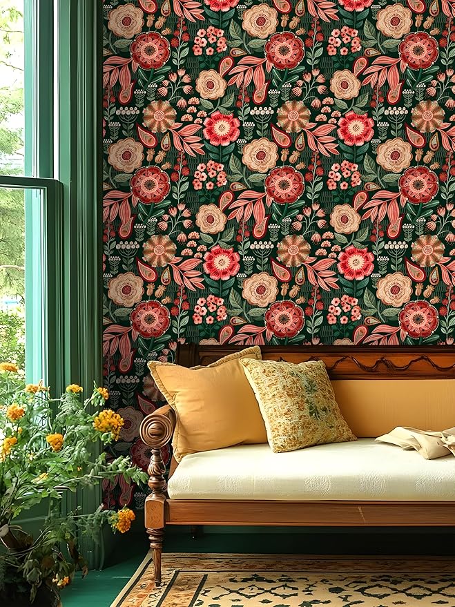 HAOKHOME Peel and Stick Wallpaper Boho Vintage Dark Floral Wall Paper Cottagecore for Bedroom Bathroom Accent Wall Green/Red/Cream 17.3in x 9.8ft
