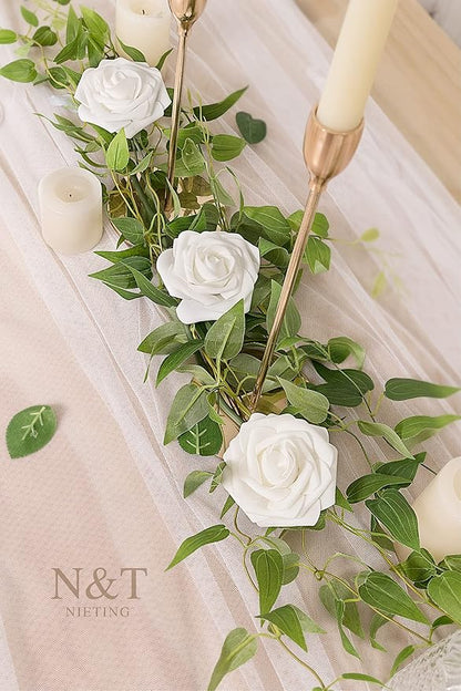 N&T NIETING Artificial Flowers 50pcs Real Touch White Flowers Artificial Roses for Decoration for DIY Wedding Bouquets Bridal Centerpieces Floral Shower Party Tables Home Arrangement
