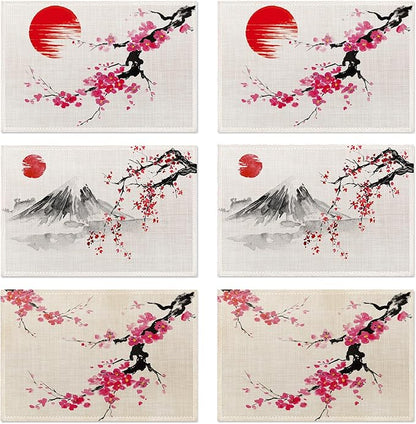 Japanese Cherry Blossom Placemats Set of 6, Linen Table Mats, Woven Table Mats for Dining Room, Washable & Wrinkle Resistant, Farmhouse Kitchen Decor