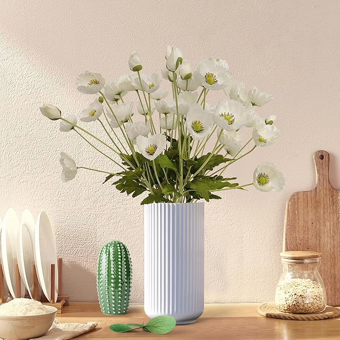 ATFL White Poppy Flowers Artificial for Wedding Decorations,12 Pcs Fake Faux Silk Poppies Bulk for Home Decor Table Centerpieces Floral Arrangement (23.5‘’, White)