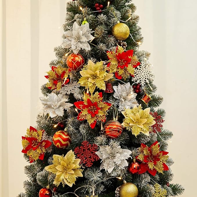 Zhuqing 15Pcs Christmas Poinsettia Artificial Flowers Decorations, Glitter Poinsettia Christmas Tree Ornaments, Gold Tree Flowers for Xmas/Wedding/Holiday/Wreath/Garland Decor, with Cilps, 5.5 Inch