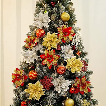 Zhuqing 15Pcs Christmas Poinsettia Artificial Flowers Decorations, Glitter Poinsettia Christmas Tree Ornaments, Red Tree Flowers for Xmas/Party/Holiday/Wreath/Garland Decor, with Cilps, 5.5 Inch