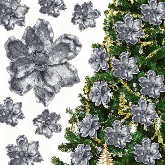 20 Pcs Christmas Glitter Poinsettia Magnolia Flowers Ornaments Large Heads Artificial Magnolia Flowers for Christmas Tree Xmas Wreath Holiday Wedding Decor (Grey)