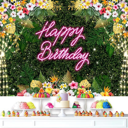 Riyidecor Happy Birthday Backdrop for Women Fabric Floral Green Leaves Pink Neon Girl Summer Hawaii Flower Plant 7Wx5H Feet Lights Botanical Photography Background Birthday Photo Studio Shoot