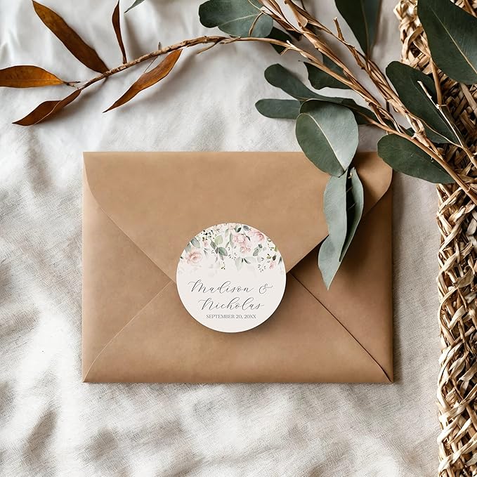 Personalized Floral Wedding Stickers with Your Choice of 30 Flower Styles - Choose Font and One of Five Pre-made Phrases or Add Custom Text (014 - Light Pink Flowers)