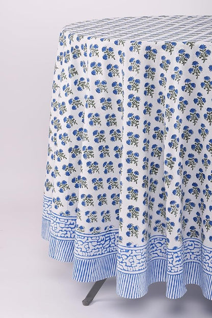 ATOSII Gulbahar Blue 100% Cotton Fall Round Tablecloth, Handblock Print Floral Table Cloth for Kitchen Dining Linen I Thanksgiving, Christmas, Weddings, Outdoors, Parties I 72" Inches Diameter