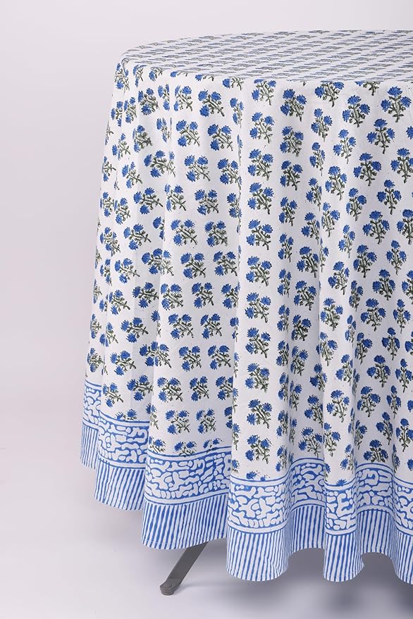 ATOSII Gulbahar Blue 100% Cotton Fall Round Tablecloth, Handblock Print Floral Table Cloth for Kitchen Dining Linen I Thanksgiving, Christmas, Weddings, Outdoors, Parties I 90" Inches Diameter