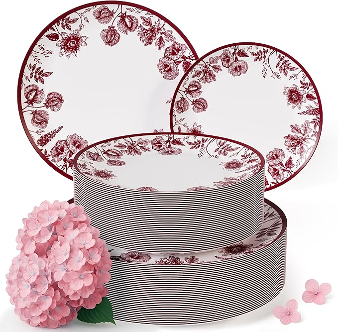 Trendables Plastic Plates For Party Supplies, Floral Disposable Plates For Party & Weddings 40 Pcs - 20 x 8 Dessert Plates & 20 x 10 Plastic Dinner Plates, Plate Set Disposable Dinnerware Sets