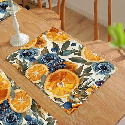 Orange Placemats Set of 4 Fruit Blueberry Rose Leaf Table Mats Washable Place Mats for Home Party Indoor Kitchen Dining Table Decoration 12x18 Inch