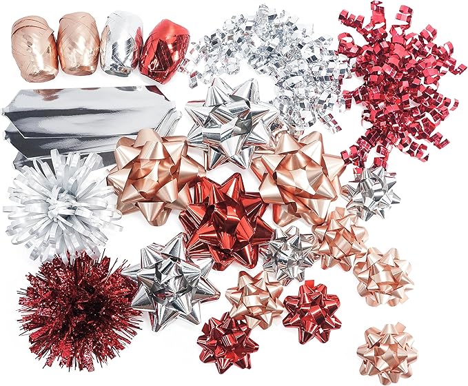 CT CRAFT LLC Gift Bows 22 PCS Set Multi Colored Assorted - Bow x 18 pcs + Kegg Roll x 4 pcs- Silver/Red/Rose Gold, Holiday Christmas Birthday Party Wrapping