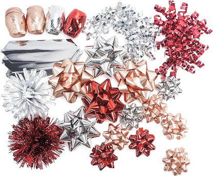 CT CRAFT LLC Gift Bows 22 PCS Set Multi Colored Assorted - Bow x 18 pcs + Kegg Roll x 4 pcs- Silver/Red/Rose Gold, Holiday Christmas Birthday Party Wrapping