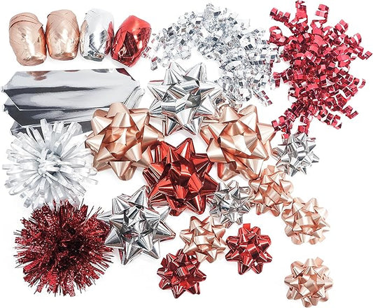 CT CRAFT LLC Gift Bows 22 PCS Set Multi Colored Assorted - Bow x 18 pcs + Kegg Roll x 4 pcs- Silver/Red/Rose Gold, Holiday Christmas Birthday Party Wrapping