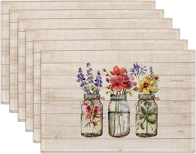 Flowers Placemats Set of 6,Washable Heat Resistant 12×18 Inch Linen Table Mats Fall Floral Place Mats for Party Outdoor Dining Decor