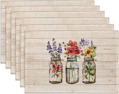 Flowers Placemats Set of 6,Washable Heat Resistant 12×18 Inch Linen Table Mats Fall Floral Place Mats for Party Outdoor Dining Decor