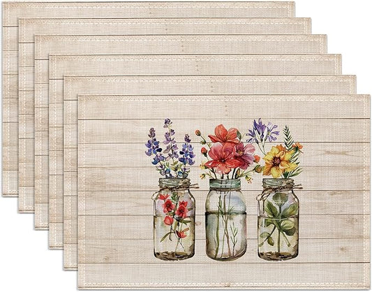 Flowers Placemats Set of 6,Washable Heat Resistant 12×18 Inch Linen Table Mats Fall Floral Place Mats for Party Outdoor Dining Decor