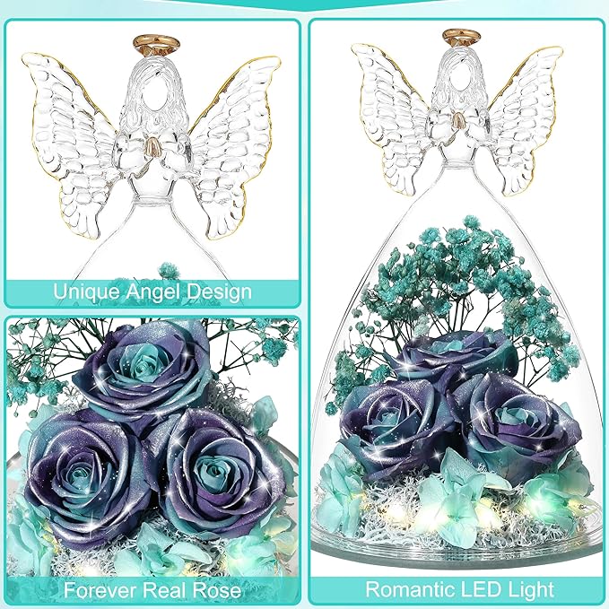 Christmas Rose Gifts for Women Preserved Real Flower in Glass Angel Figurines Roses for Delivery Prime Birthday Gifts for Mom Grandma Girlfriend Wife Her, GlitterPurpleAquablue