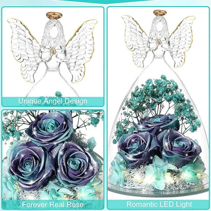 Christmas Rose Gifts for Women Preserved Real Flower in Glass Angel Figurines Roses for Delivery Prime Birthday Gifts for Mom Grandma Girlfriend Wife Her, GlitterPurpleAquablue