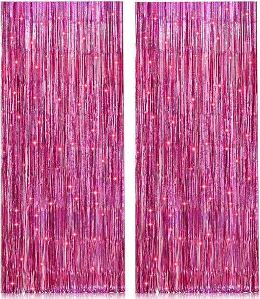2 Pack 3.2ft x 8.2ft Pink Metallic Tinsel Foil Fringe Curtains Backdrop for Pink Party Birthday Wedding Bachelorette Baby Shower Holiday Party Decorations Photo Booth Props