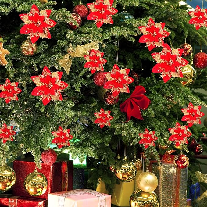 24 Christmas Glitter Artificial Poinsettia Flowers Xmas Poinsettia Artificial Wedding Flowers Decorations Xmas Tree Ornaments with Clips for Party Favors, 6 Inch, 4 Inch, 3 Inch (Red and Gold)