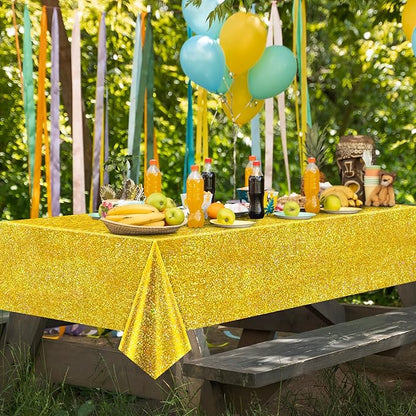 2 pcs Gold Holographic Party Tablecloths 40" x 108" Laser Shiny Table Cloths Plastic Glitter Foil Table Cover for Christmas Wedding Graduation Baby Shower 1920s Birthday Party Anniversary Supplies