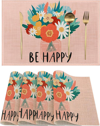 Blooming Wildflowers Placemats Set of 4, Be Happy Place Mats Non-Slip Heat Resistant Washable Placemat for Party Kitchen Dining Table Decoration Indoor Outdoor 12x18 Inch