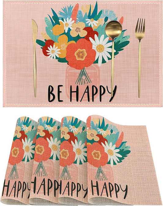 Blooming Wildflowers Placemats Set of 4, Be Happy Place Mats Non-Slip Heat Resistant Washable Placemat for Party Kitchen Dining Table Decoration Indoor Outdoor 12x18 Inch