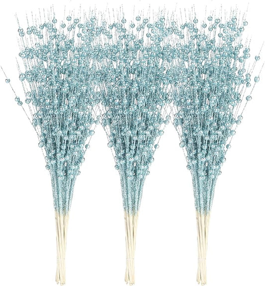 Sea Team 24-Pack Artificial Glitter Berry Stem Ornaments, Decorative Bead Sticks, Glittery Twigs, Picks, Branches for Christmas Tree, Small Vase, Holiday, Wedding, Party (17 Inches, Babyblue)