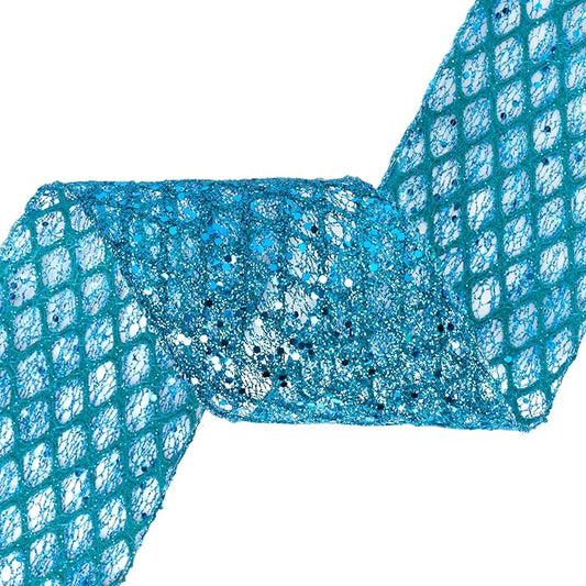 VATIN 4" Turquoise Christmas Ribbon, Blue Glitter Mesh Diamond Web Sequin Dots Wired Christmas Ribbon for Gift Wrapping Bow Making Wreath Supply-10 Yards