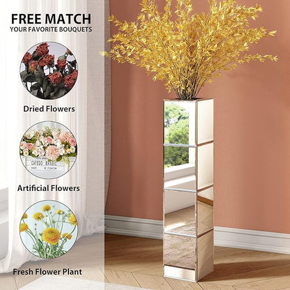 Tall Floor Vase, 28 inch Mirrored Vases for Floor Home Decorative Large Cube Vase Silver for Dried Flower Modern Glass Vases for Living Room