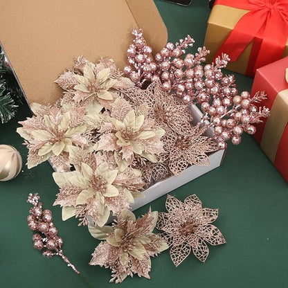 24Pcs Christmas Poinsettia Artificial Flowers and Glitter Berries Kit, 2 Styles Total 16Pcs Christmas Tree Flowers Ornaments, 8Pcs Christmas Tree Picks for Wedding Holiday Decorations, Rose Gold