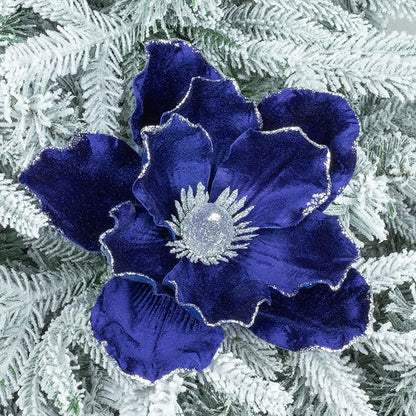 KI Store Blue Velvet Magnolia Flowers Pack of 6 Oversize Artificial Christmas Poinsettia Floral Picks Stems for Xmas Tree Wedding Centerpiece Decorations